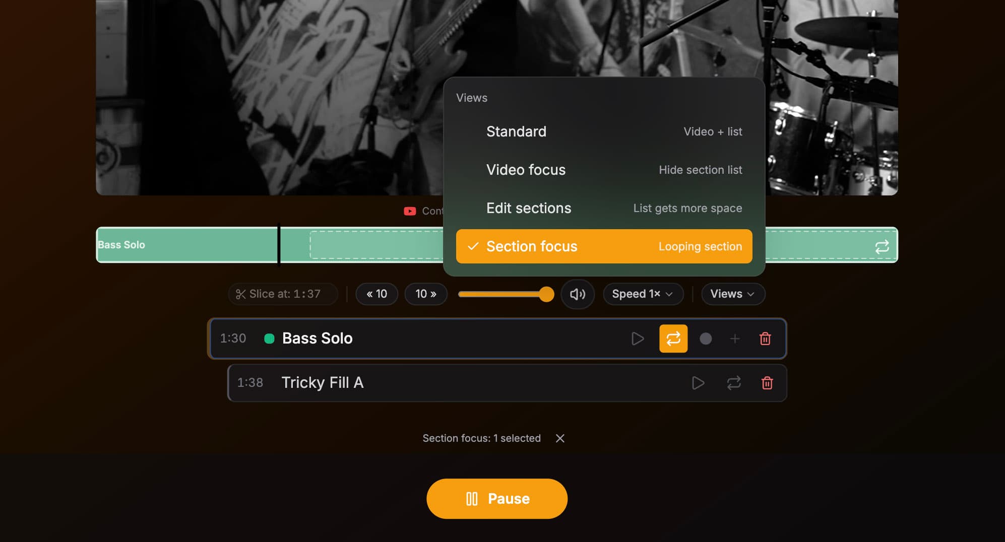 JamBench Section Focus: timeline and sections list while looping a section