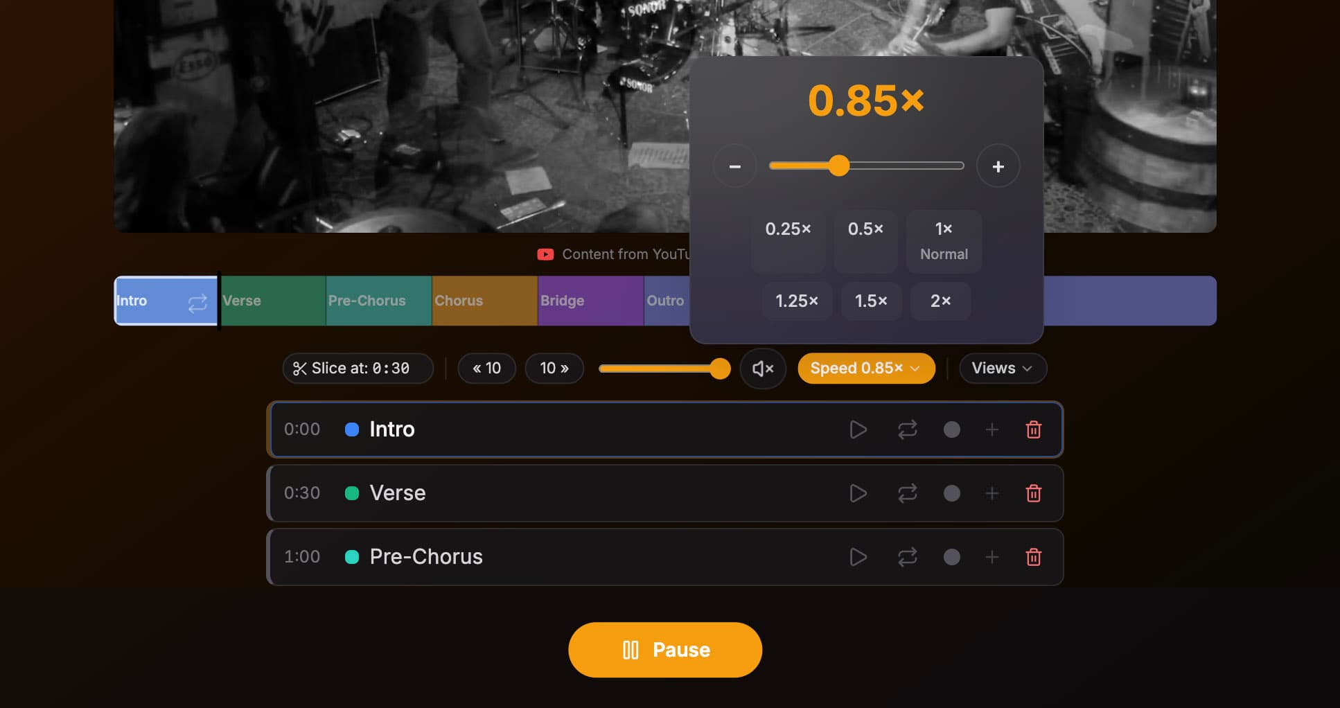 JamBench transport: 10 second skip, volume slider, and speed popover with slider and 0.05× plus and minus